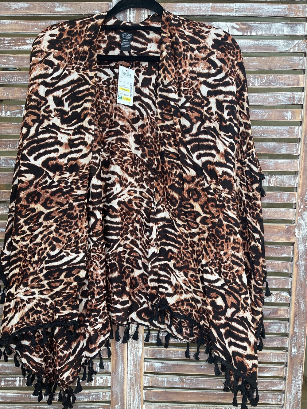 Animal Print Fringe Open-Front Women's Top kimono poncho with sleeves Brown